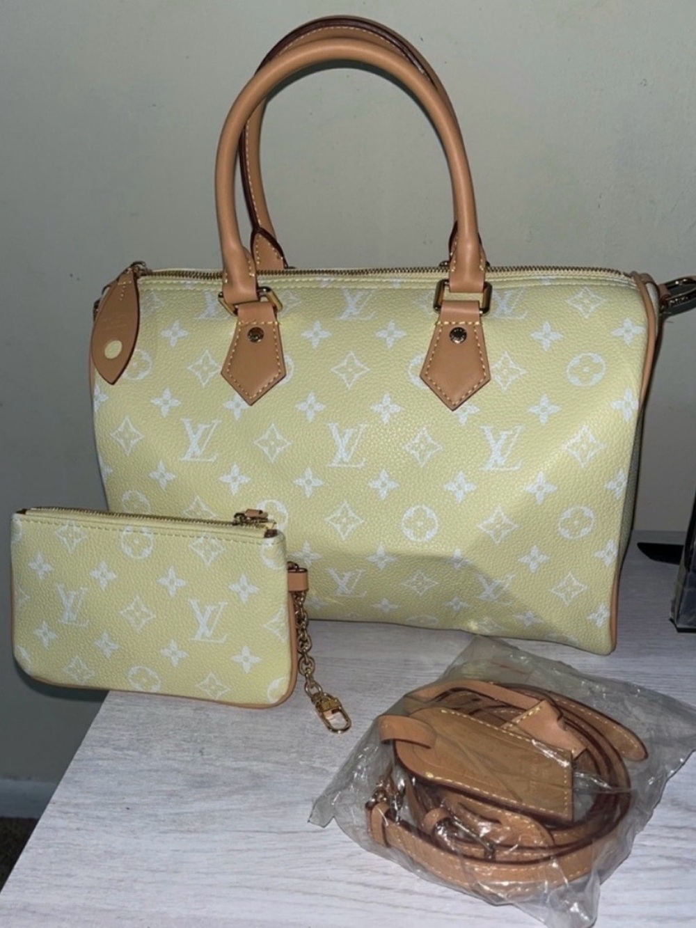 Tommy Bahama Yellow & Tan Monogram Satchel POUCH NOT INCLUDED